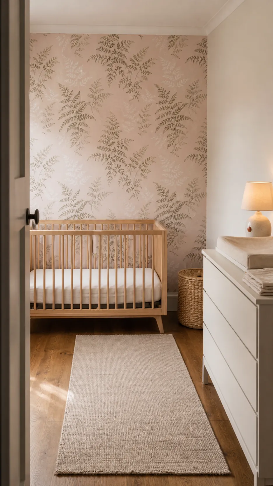 Pink accent wall nursery with delicate botanical wallpaper behind a natural oak cot