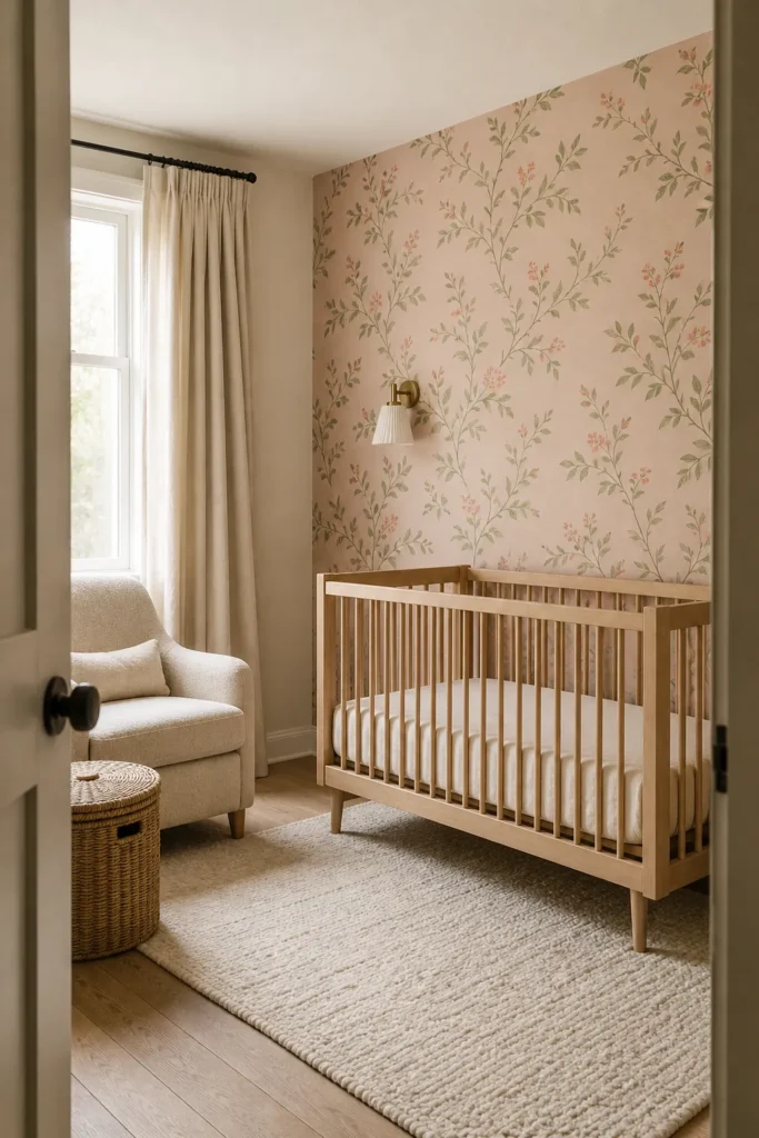 Pink and green nursery wallpaper in a calm botanical baby room
