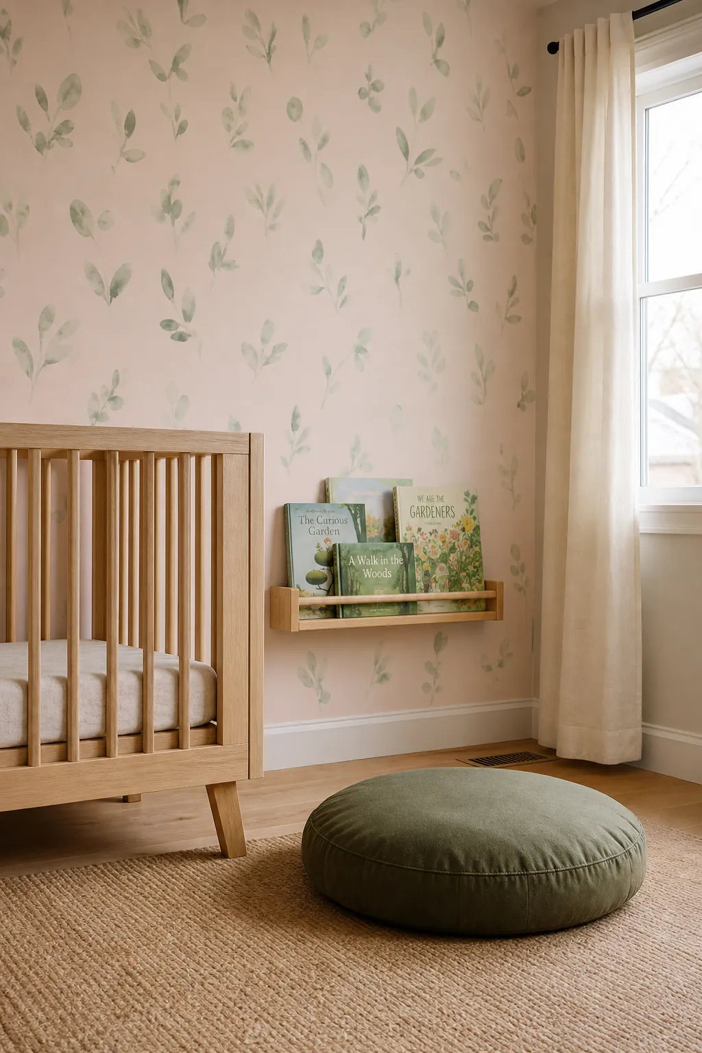 Pink and green nursery wallpaper styled for a room that can grow with a child