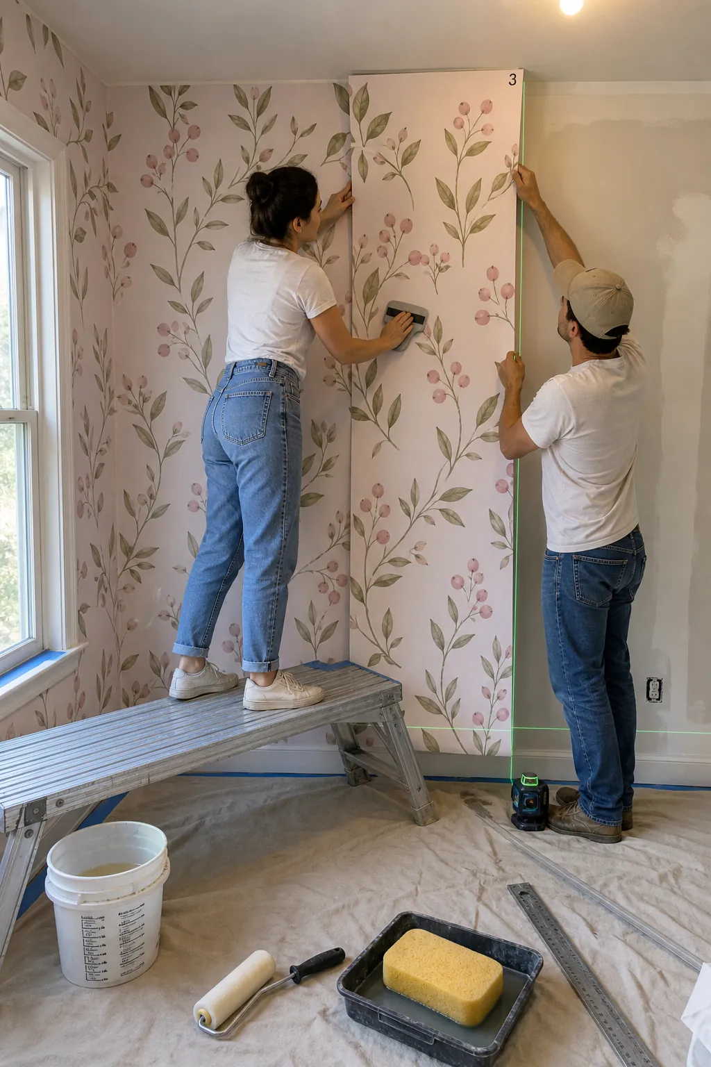 Careful installation of pink and green nursery wallpaper panels