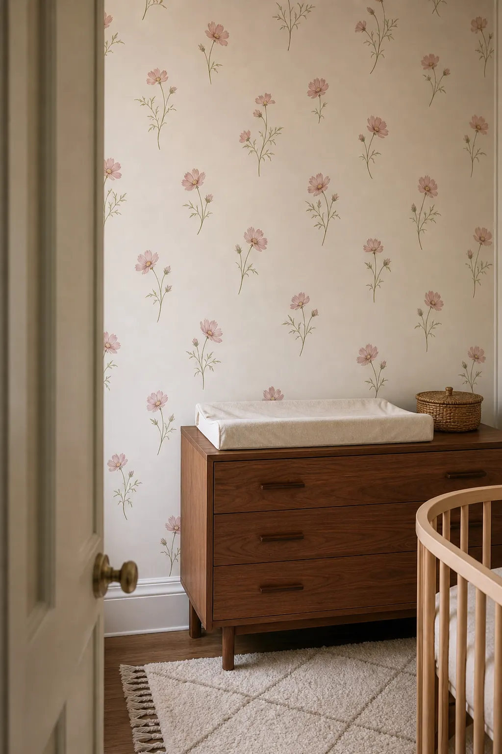 Airy pink and green floral wallpaper nursery with open pattern spacing