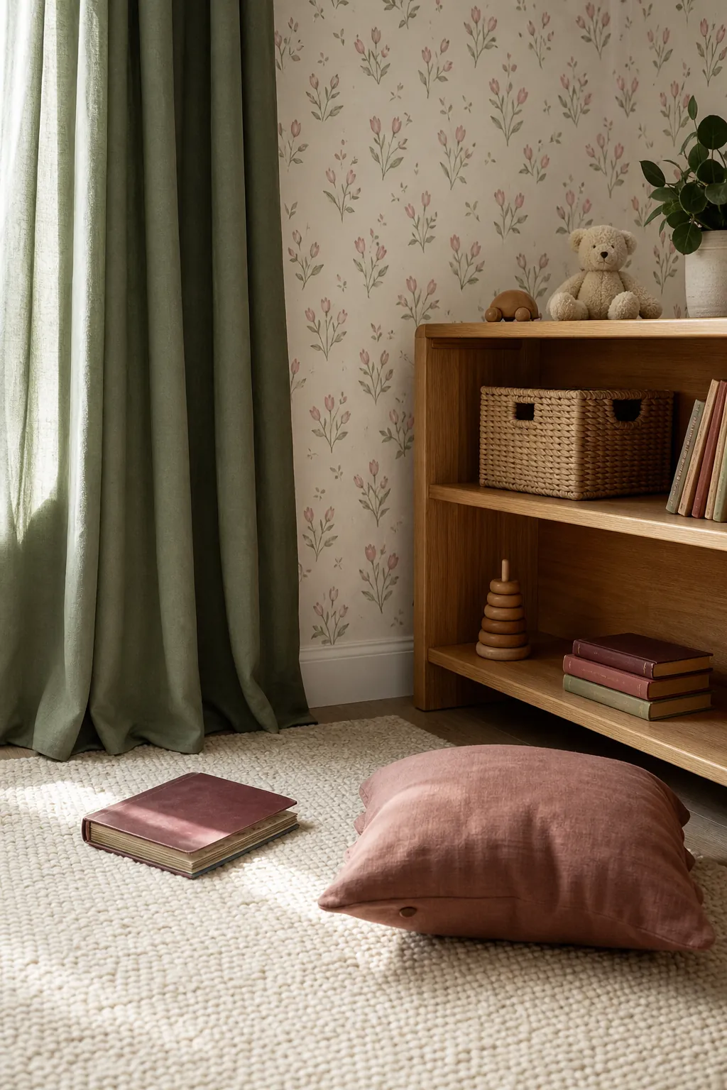 Nursery palette drawn from pink and green wallpaper with cream and oak