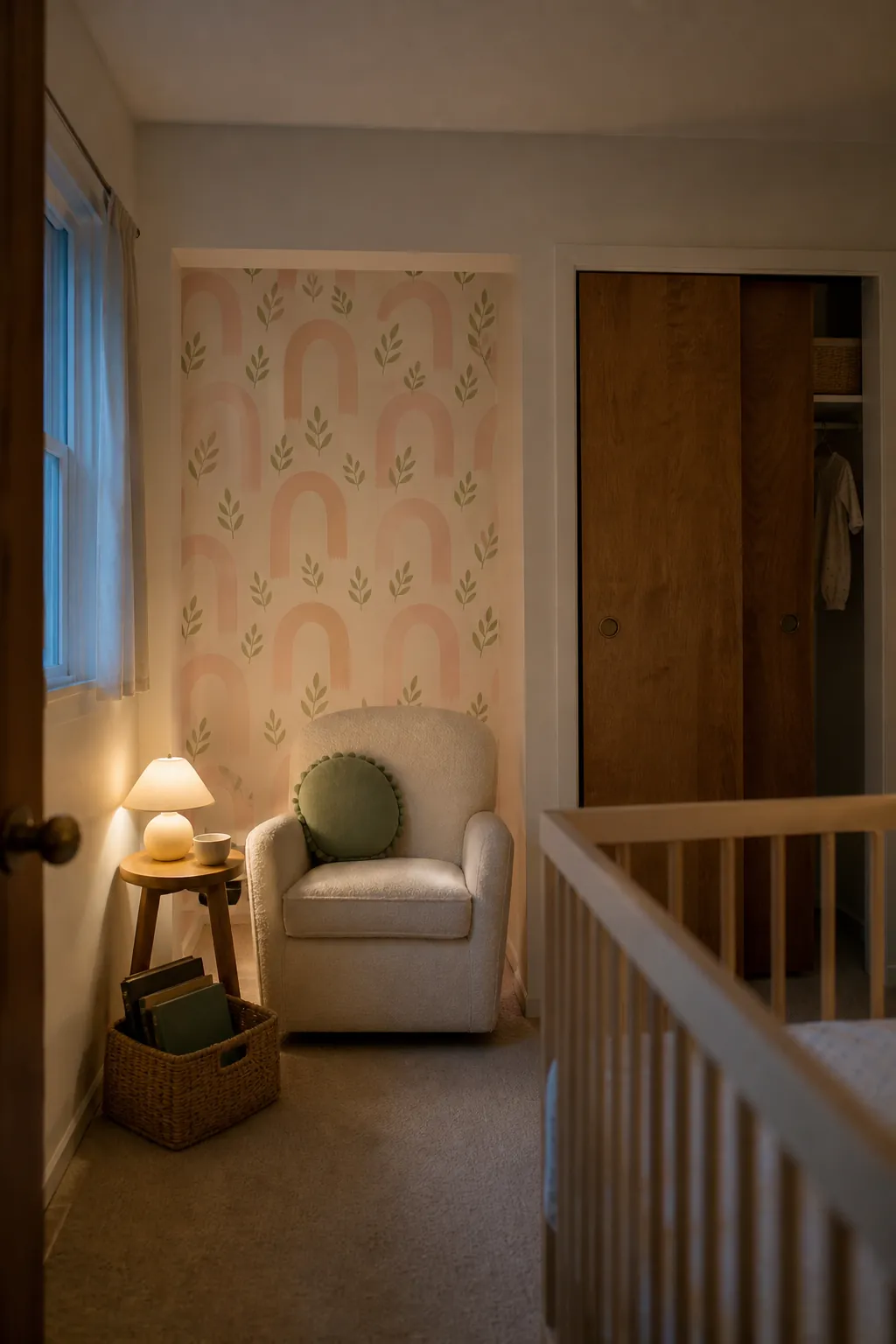 Small pink and green nursery with one balanced wallpaper accent wall