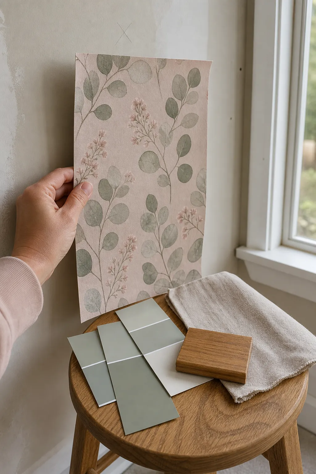 Pink and green nursery wallpaper sample beside sage paint chips