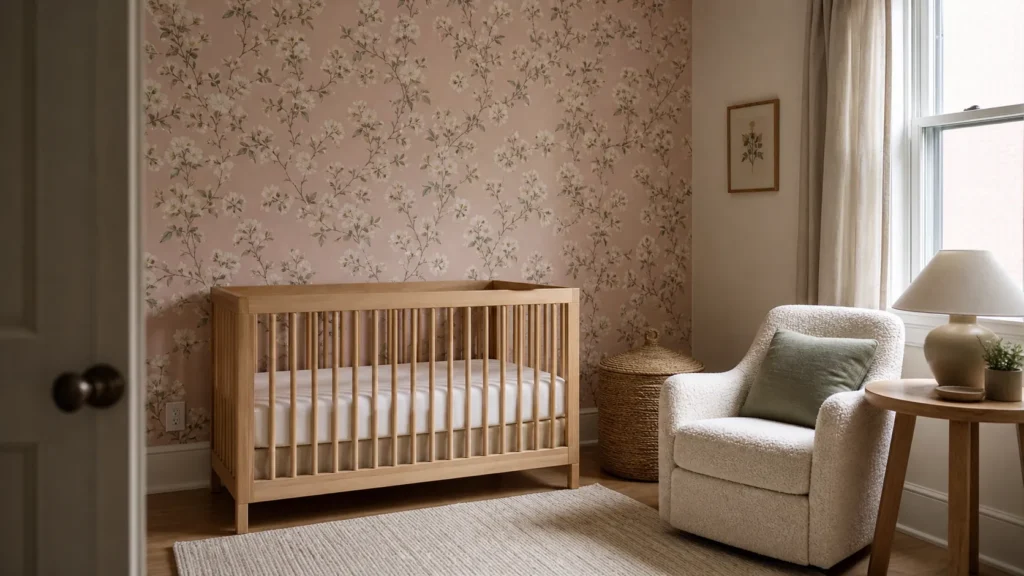 Elegant pink nursery wallpaper in a warm and practical baby room