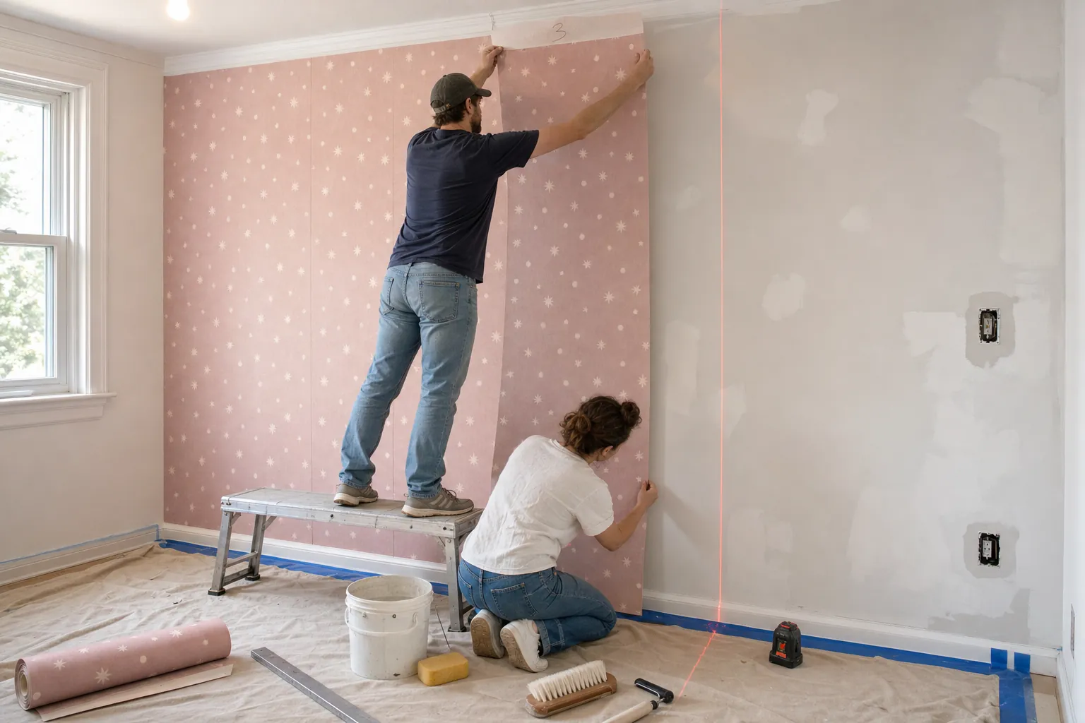 Two adults carefully installing pink nursery wallpaper panels