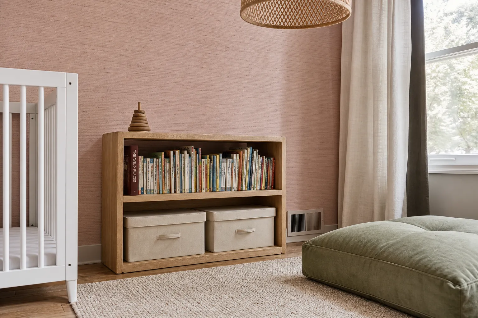 Light pink nursery with wallpaper, oak furniture, linen and woven textures