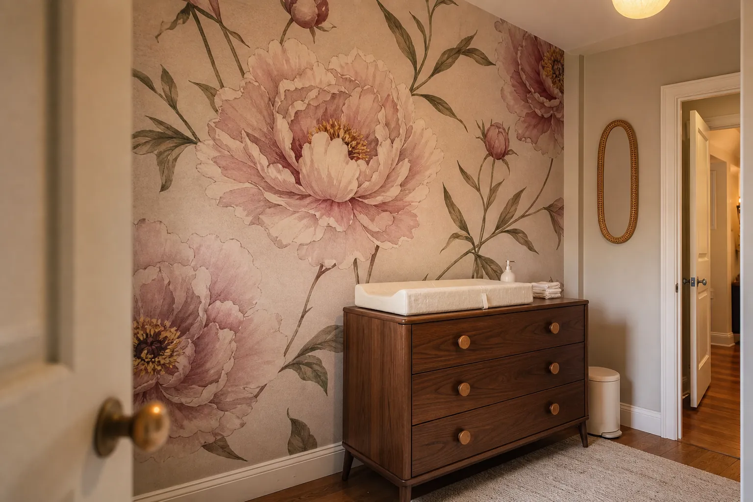 Pink floral wallpaper nursery with oversized hand-painted peonies