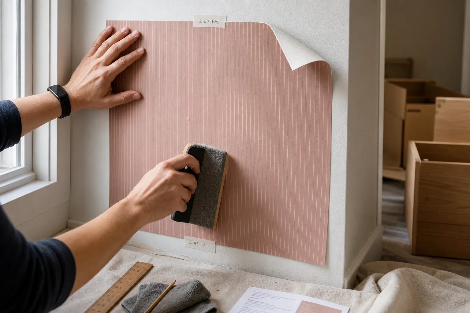 Hands testing a pink wallpaper sample on a nursery wall