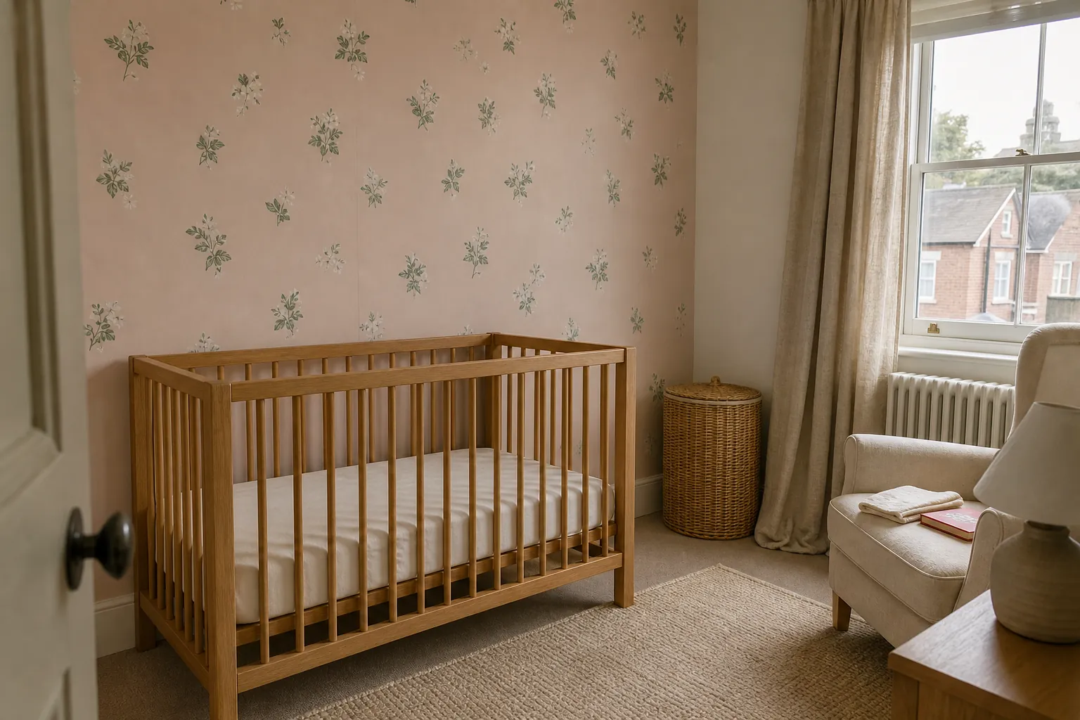 Soft pink nursery with delicate botanical wallpaper and a natural wood crib