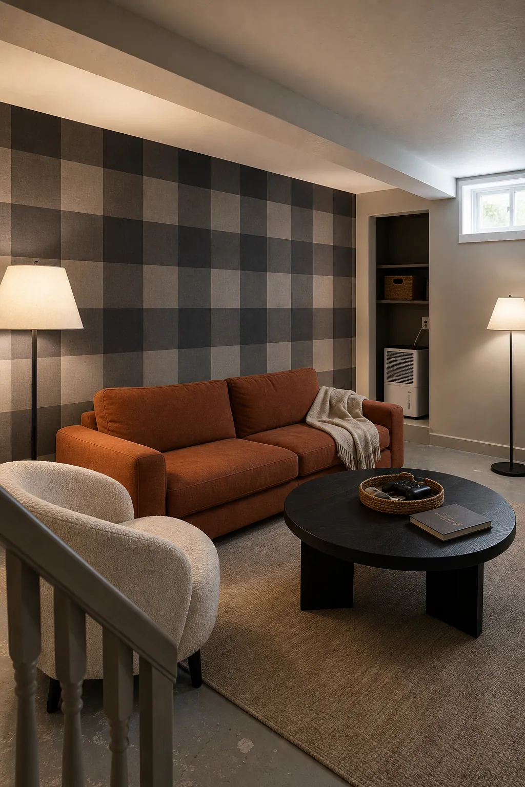 Charcoal buffalo check plaid wallpaper in a basement lounge