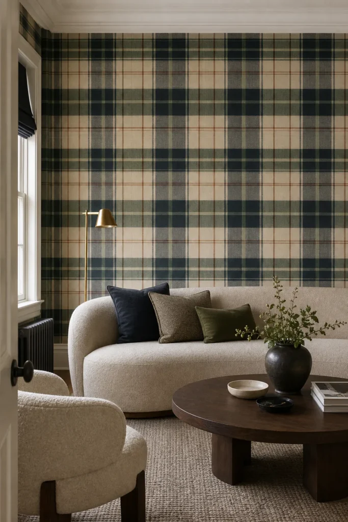 Sophisticated plaid wallpaper creating a tailored living room feature wall