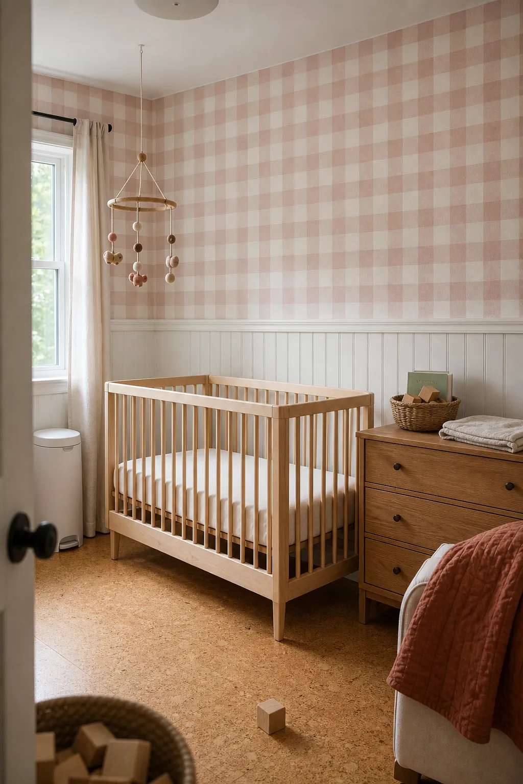 Dusty blush gingham plaid wallpaper above nursery wainscoting
