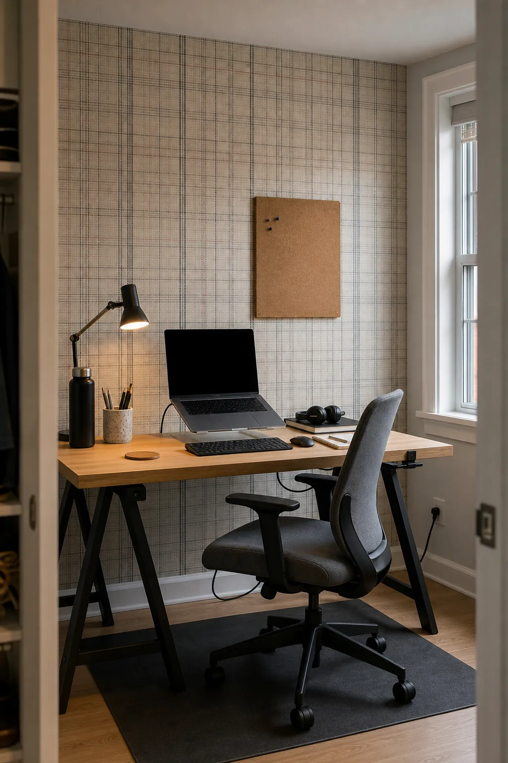 Fine graphite tailored plaid wallpaper in a compact home office