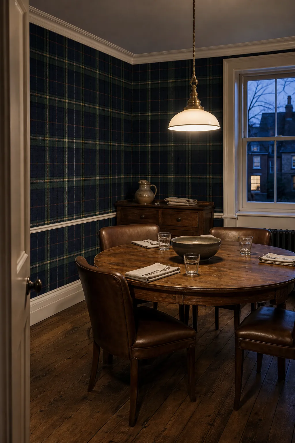 Deep blue and green tartan plaid wallpaper in a dining room