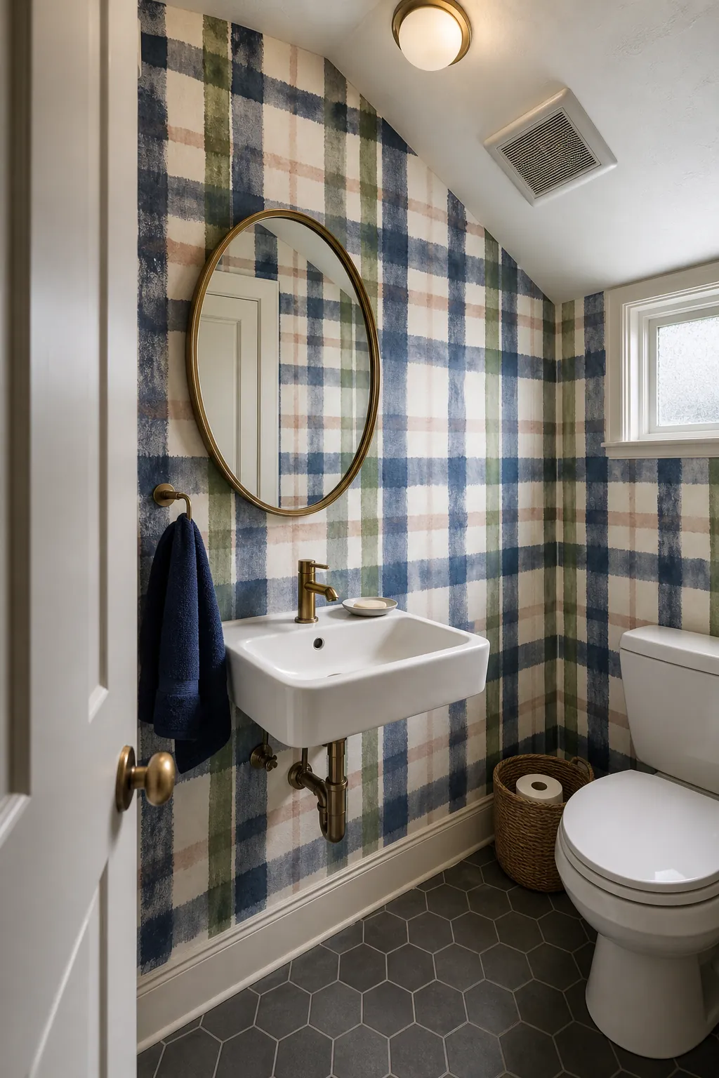 Loose watercolor plaid wallpaper in a compact powder room