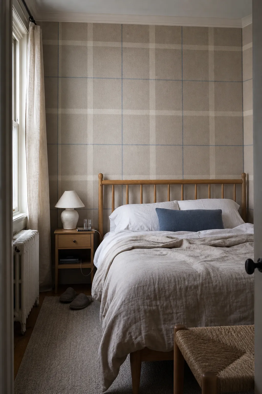 Soft neutral windowpane plaid wallpaper in a serene bedroom