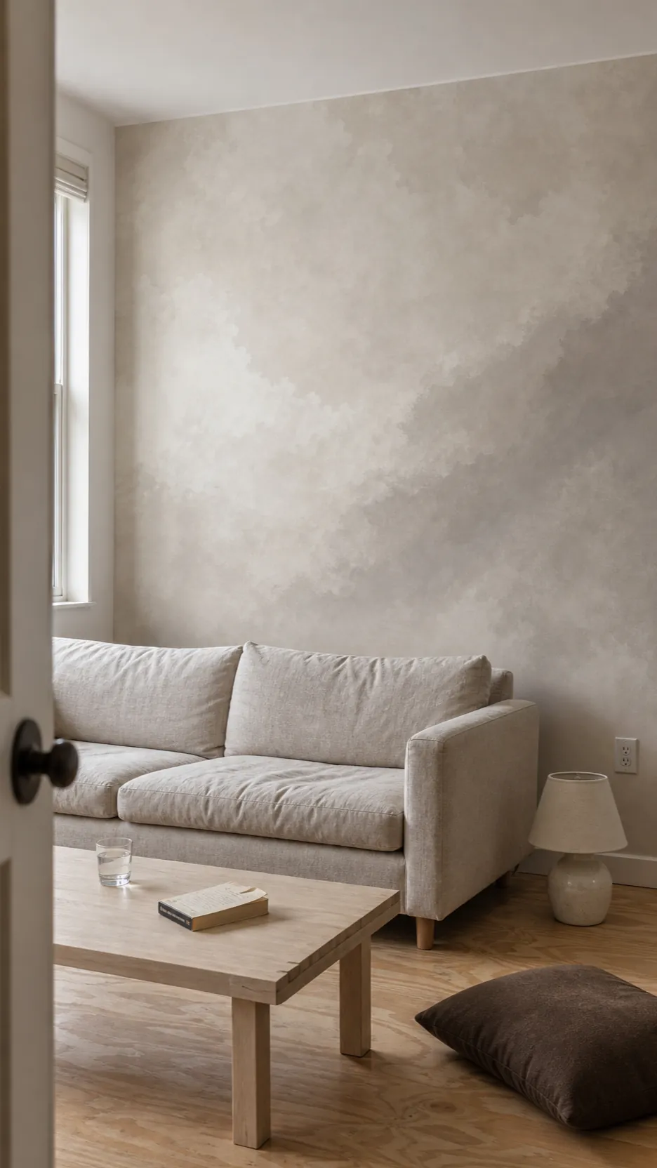 Soft limewash-style plaster effect mural in a minimal living room