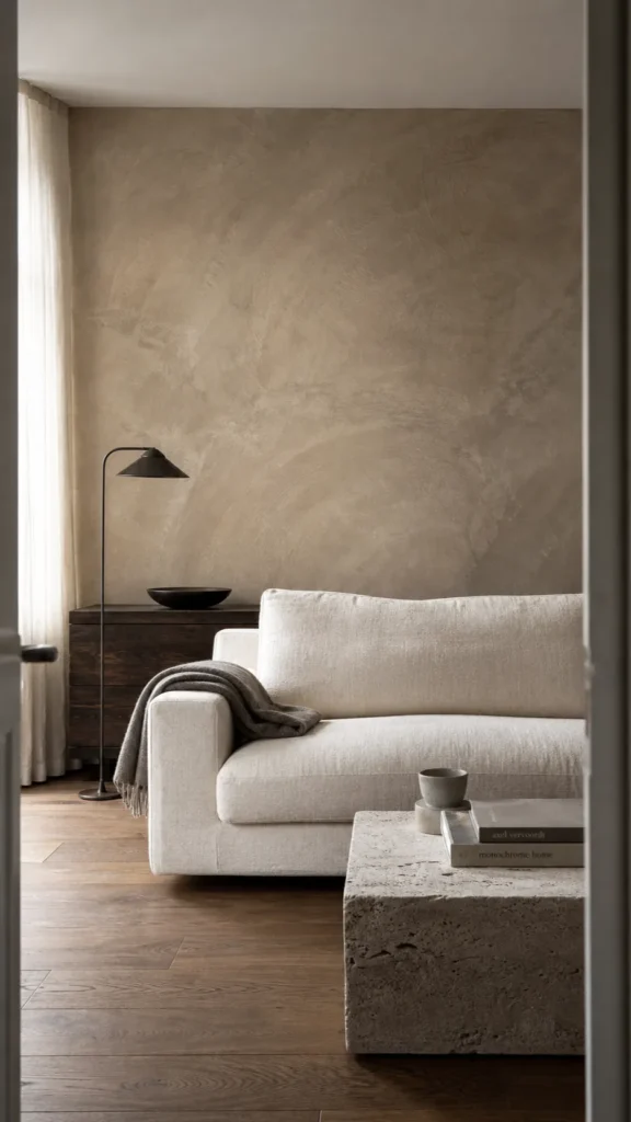 Warm plaster effect mural wallpaper in a textured minimal living room