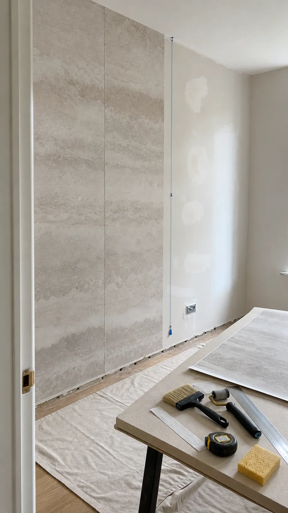 Plaster wall mural panels aligned over a smooth prepared wall