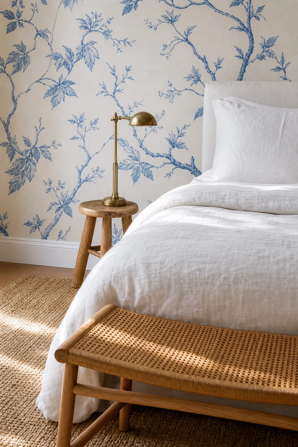 Porcelain blue mural bedroom with linen bedding, cane texture, and fresh white space