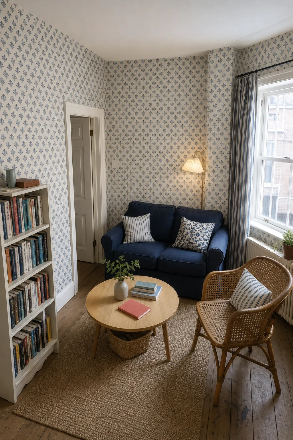 Compact living room wrapped in a quiet block-print wallpaper with blue accents