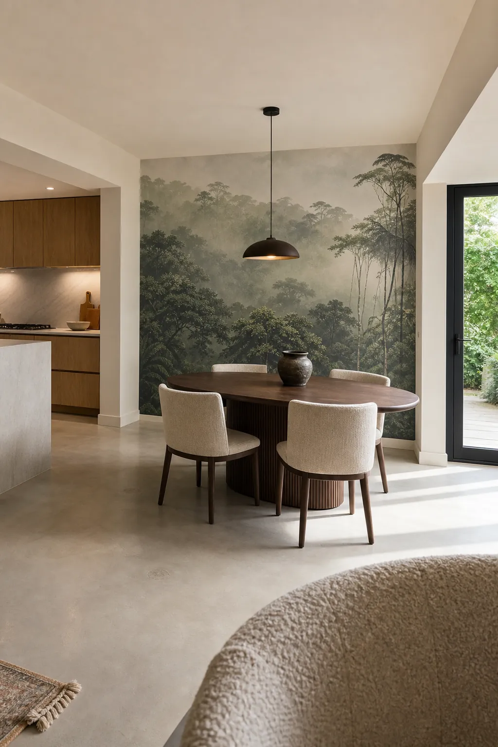 Rainforest feature wall defining an open-plan dining area with a walnut table