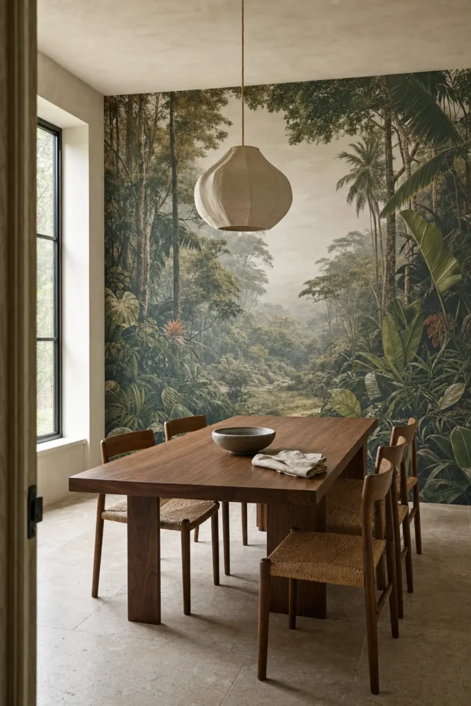 Rainforest mural wallpaper in a dining room with natural wood furniture
