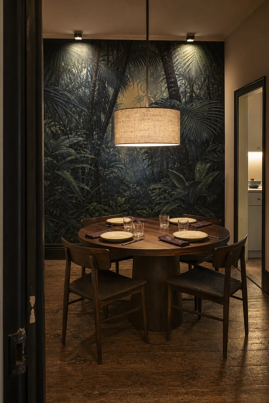 Layered pendant and wall lighting illuminating a green rainforest dining room mural
