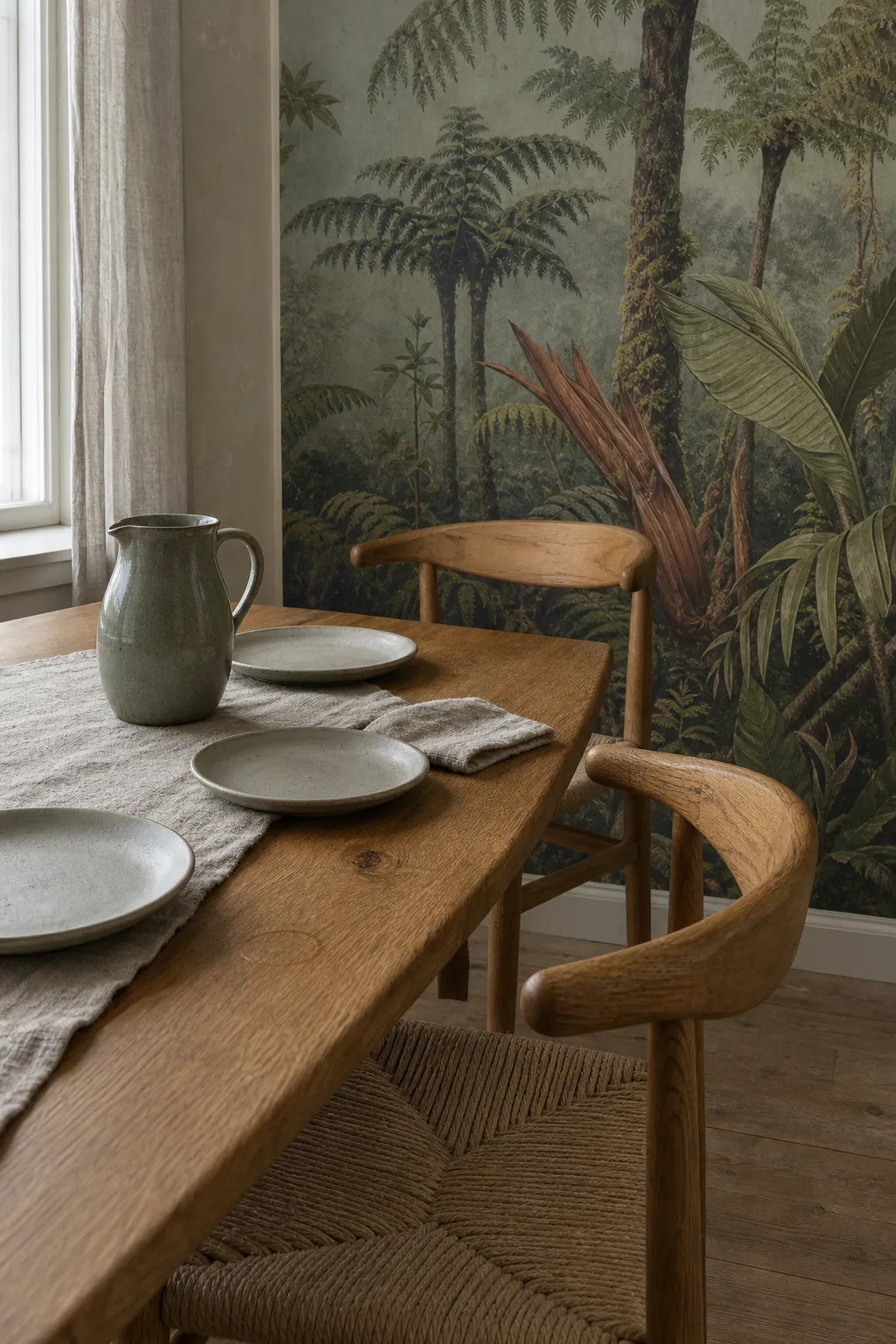 Rainforest mural wallpaper paired with an oak dining table and natural woven chairs