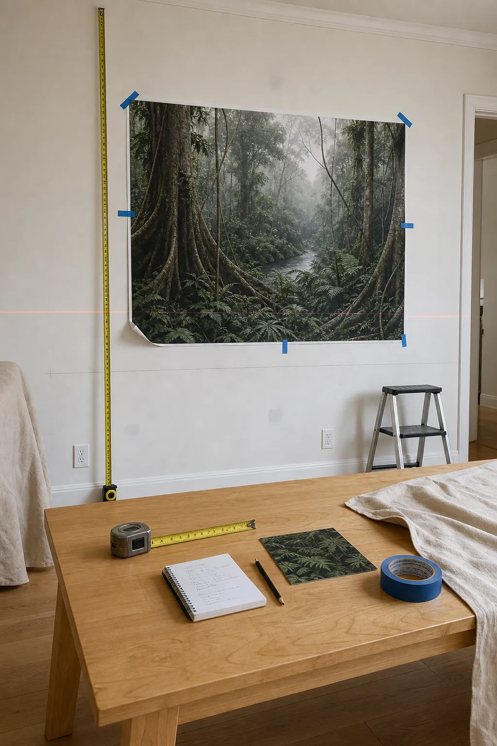 Dining room wall measurements and rainforest mural crop planned before installation