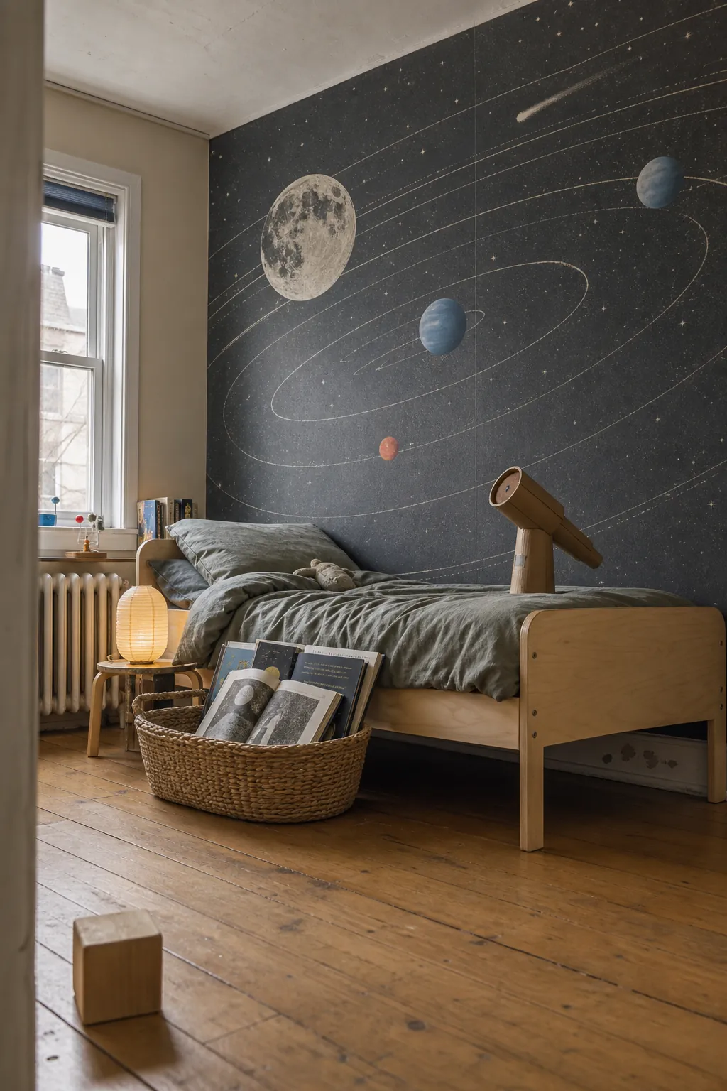 Stylish kids bedroom with a refined orbital space wallpaper mural