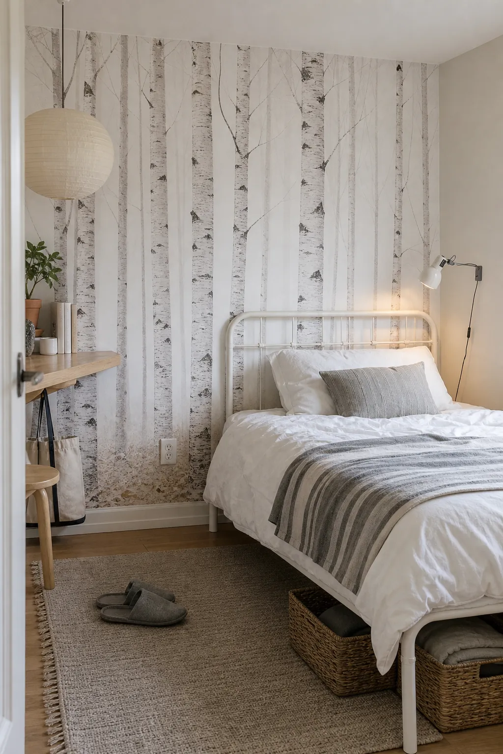 Removable white birch tree wallpaper mural in a small renter-friendly Scandinavian bedroom.