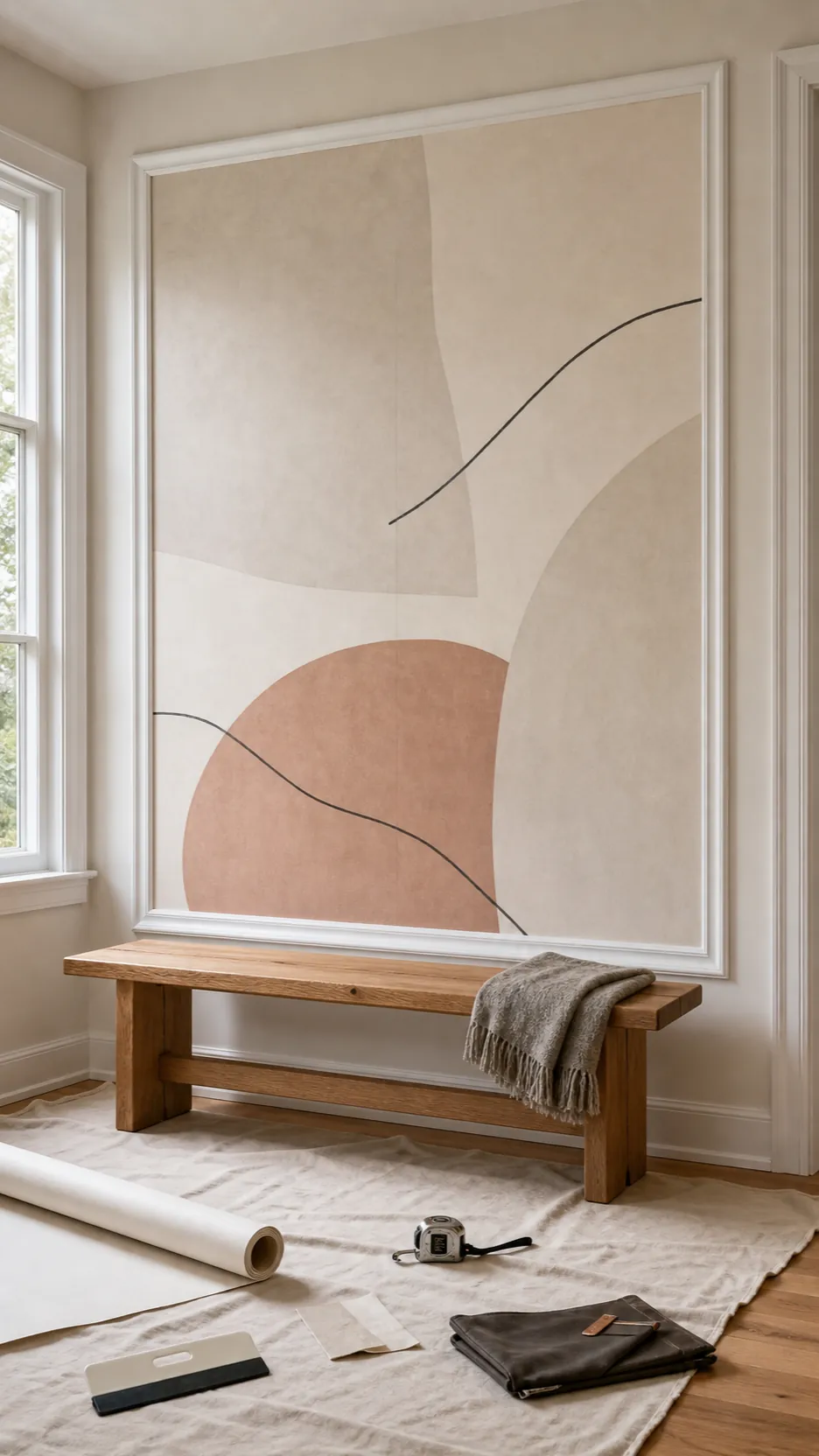 Removable neutral abstract mural installed inside simple wall panel molding
