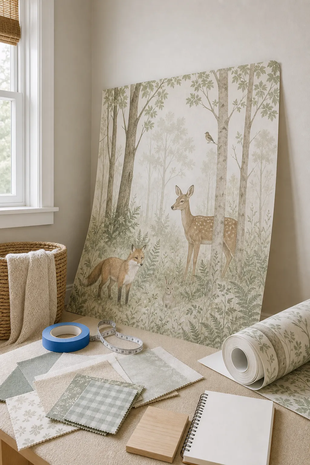 Removable nursery woodland mural sample with fabric swatches and wall prep materials before installation.