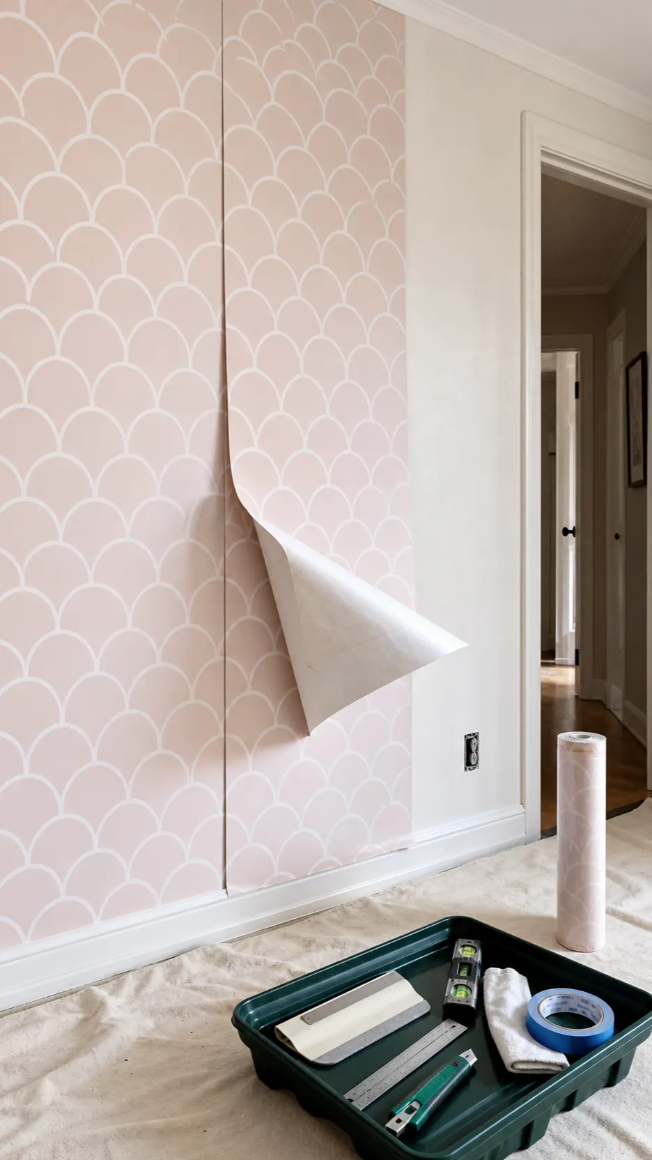 Removable light pink nursery wallpaper being aligned on a clean primed wall