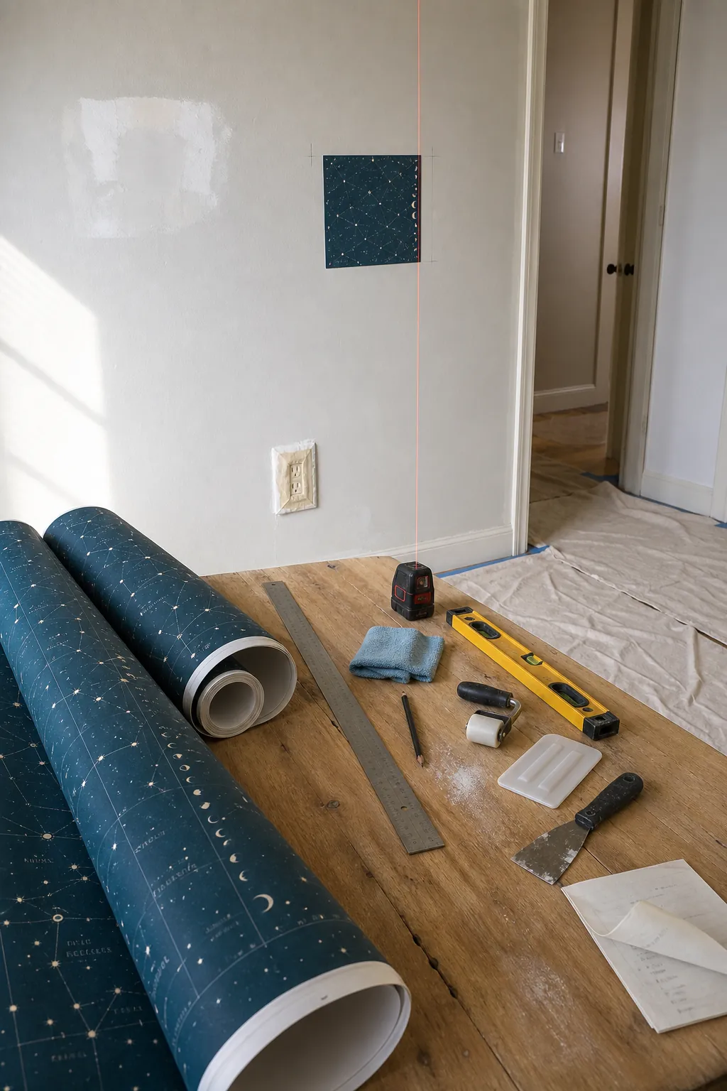 Careful preparation for installing removable space wallpaper in a kids room