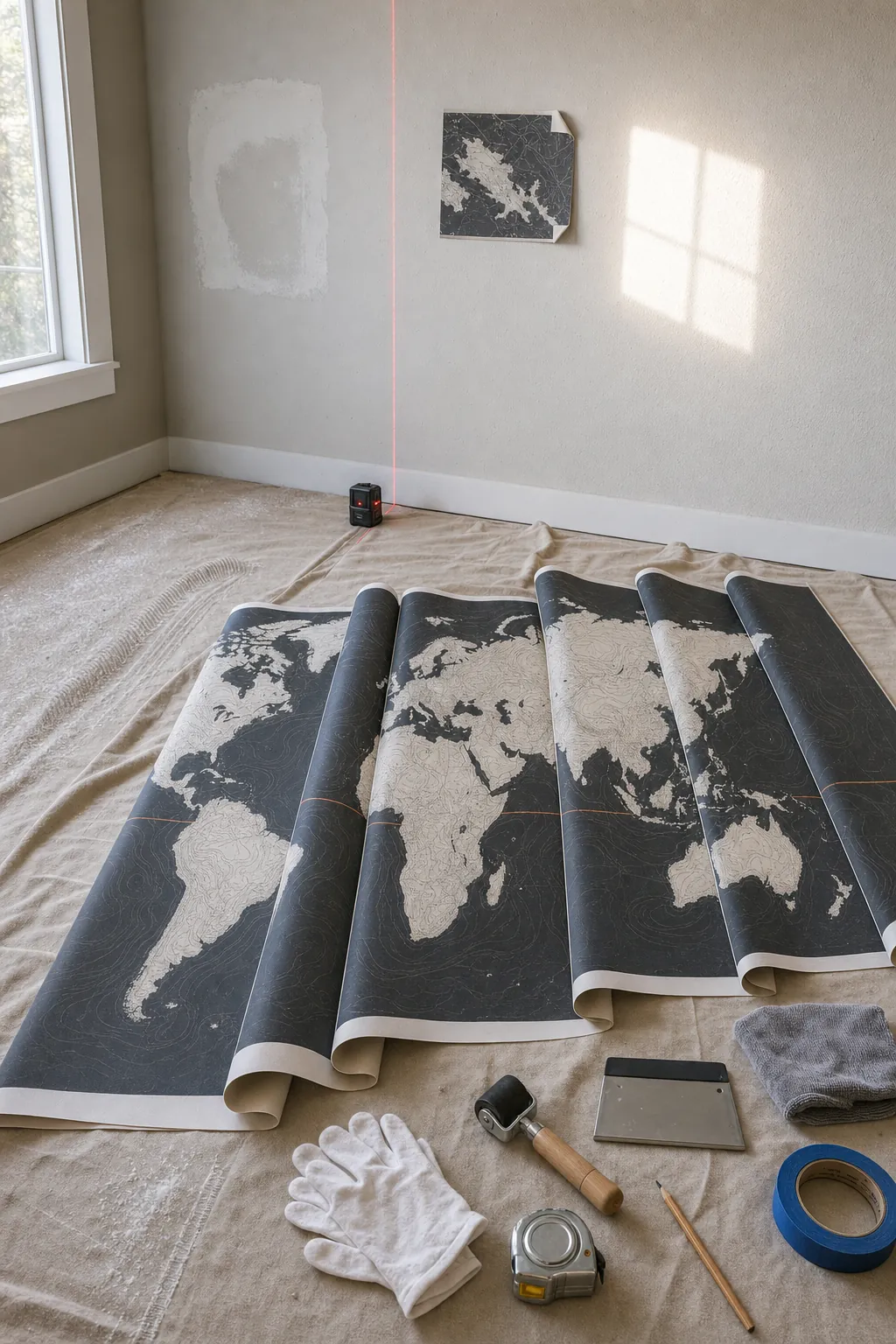 Removable world map mural panels checked before playroom installation
