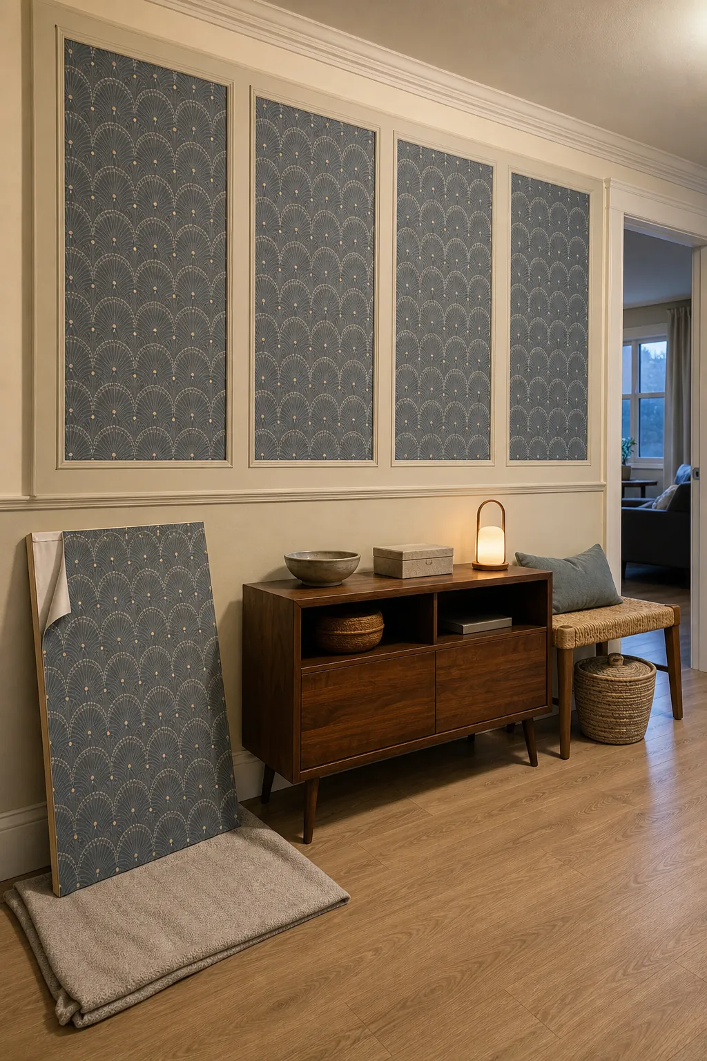 Renter-friendly half wall design using removable patterned panels above painted wall