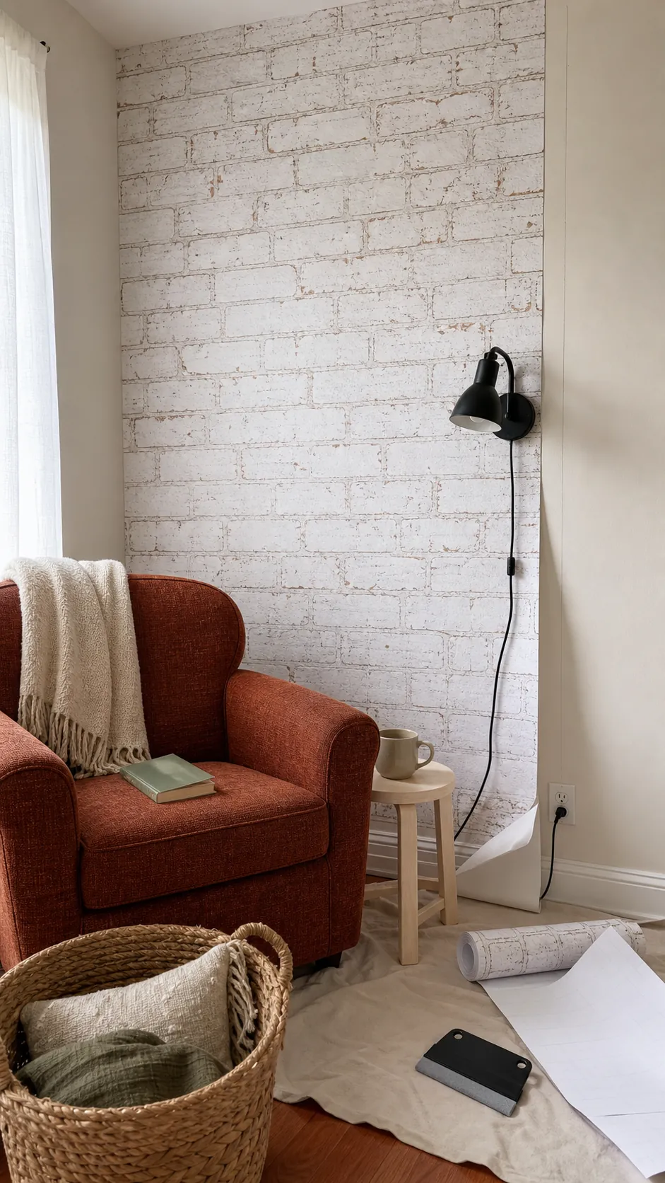 Removable weathered white brick wallpaper in a renter-friendly reading corner