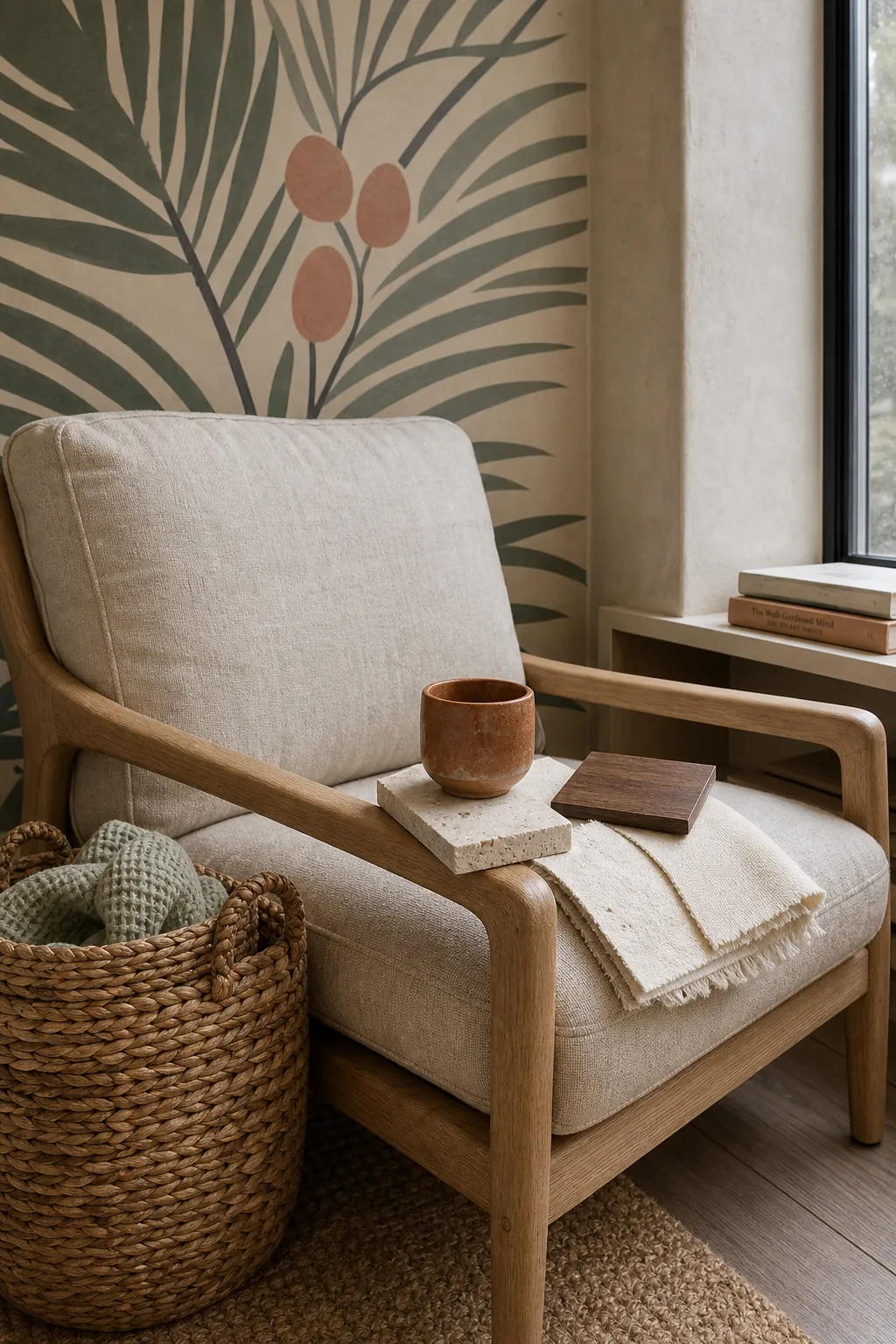 Resort style wall mural paired with linen, rattan, pale wood, and restrained tropical colors