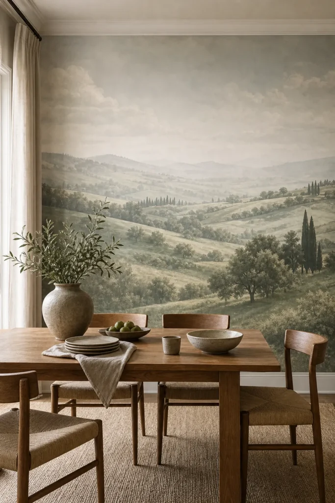 Rolling hills wallpaper mural creating a soft focal scene in a dining room