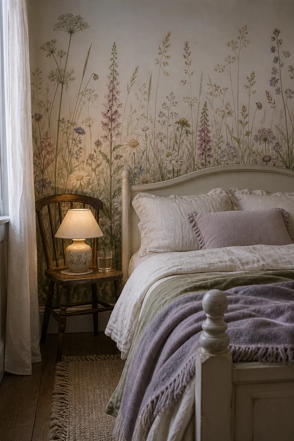 Romantic bedroom mural with wildflower meadow wallpaper and layered linen details