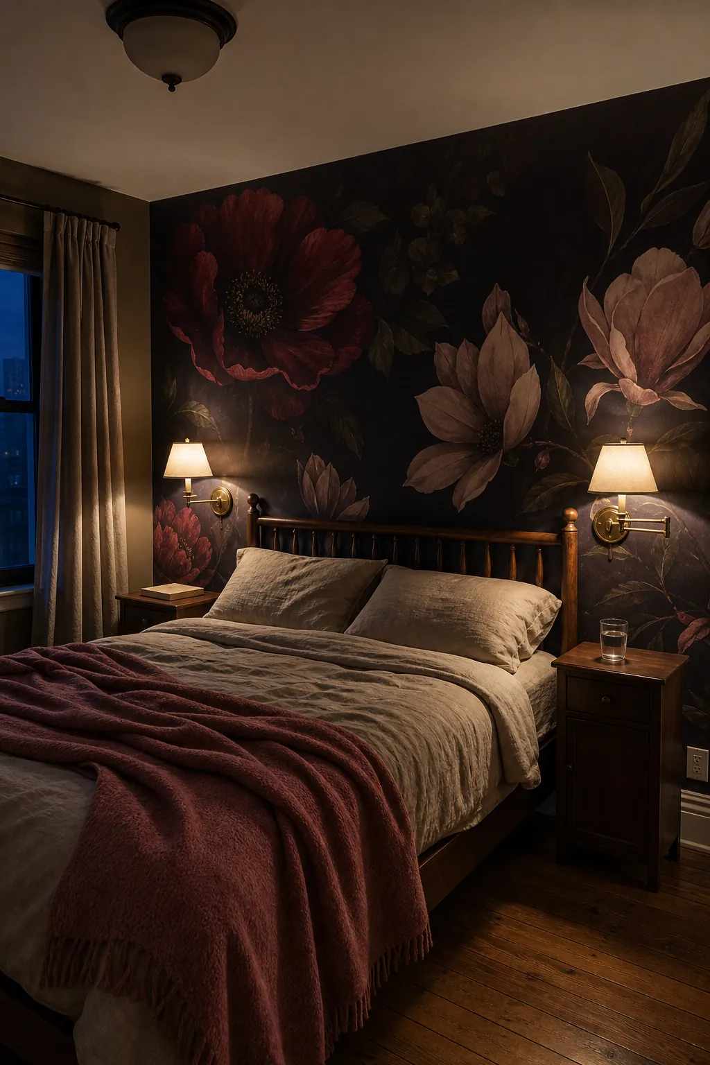 Romantic dark floral mural illuminated by warm dimmable bedside sconces