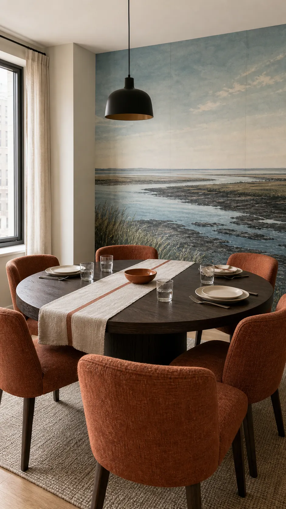 Rust dining chairs contrasting with a blue-green scenic wallpaper mural