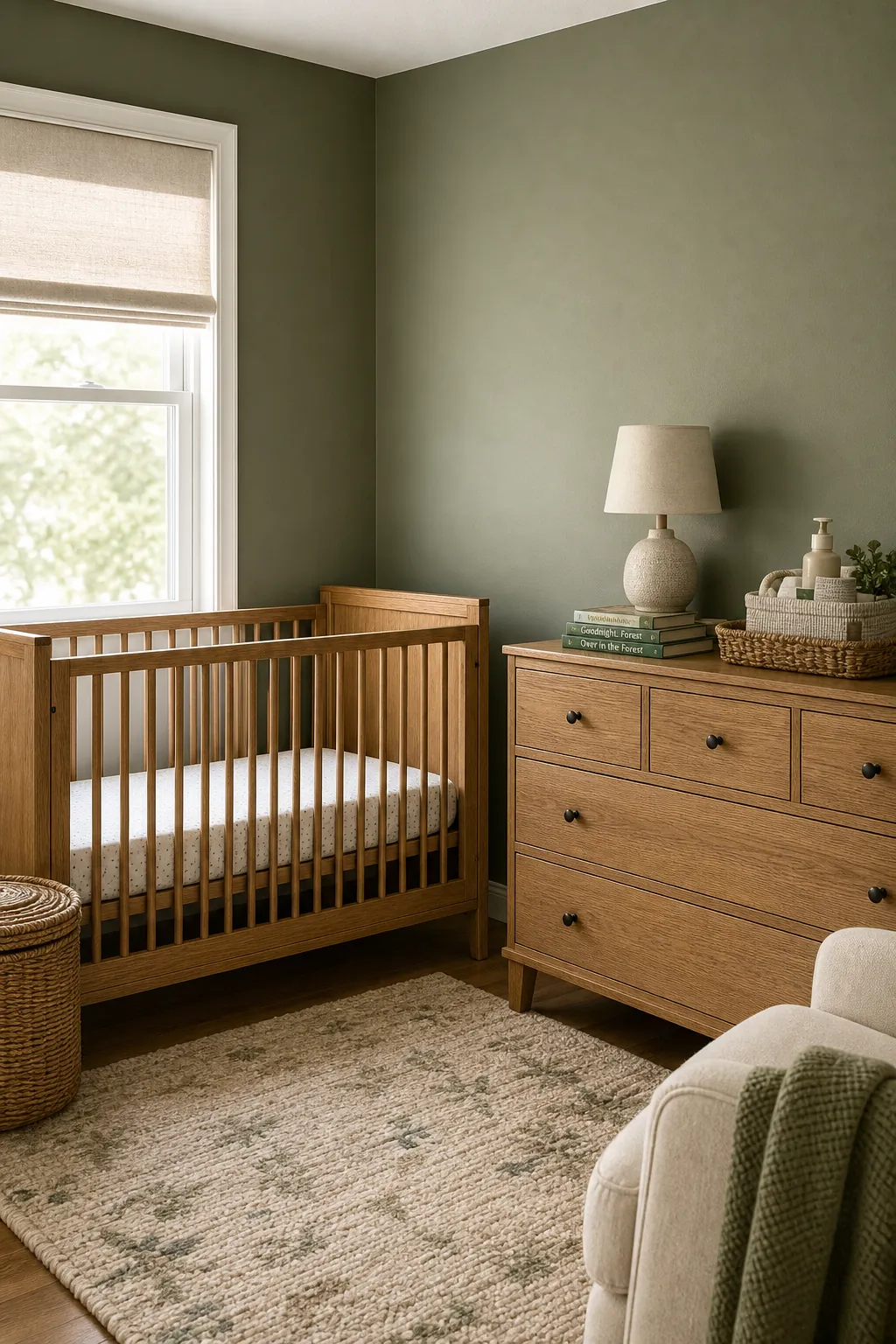 Sage green woodland nursery with warm wood crib and natural textures
