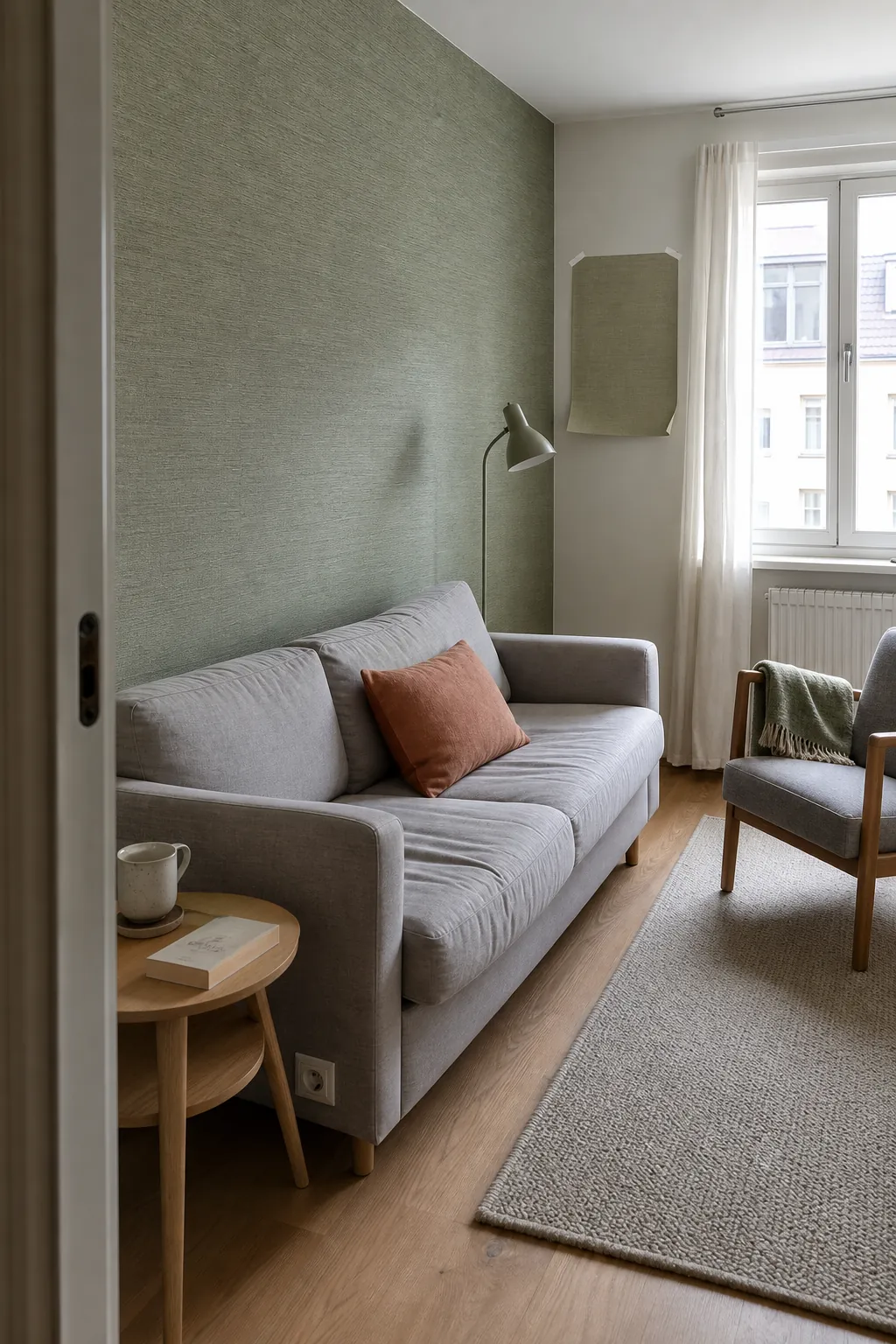 Sage green wallpaper tested in a bright modern living room with natural daylight
