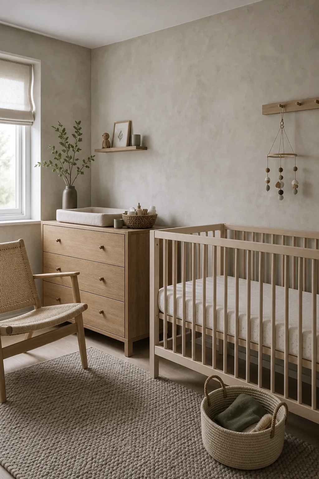 Scandinavian woodland nursery with neutral palette and forest inspired details