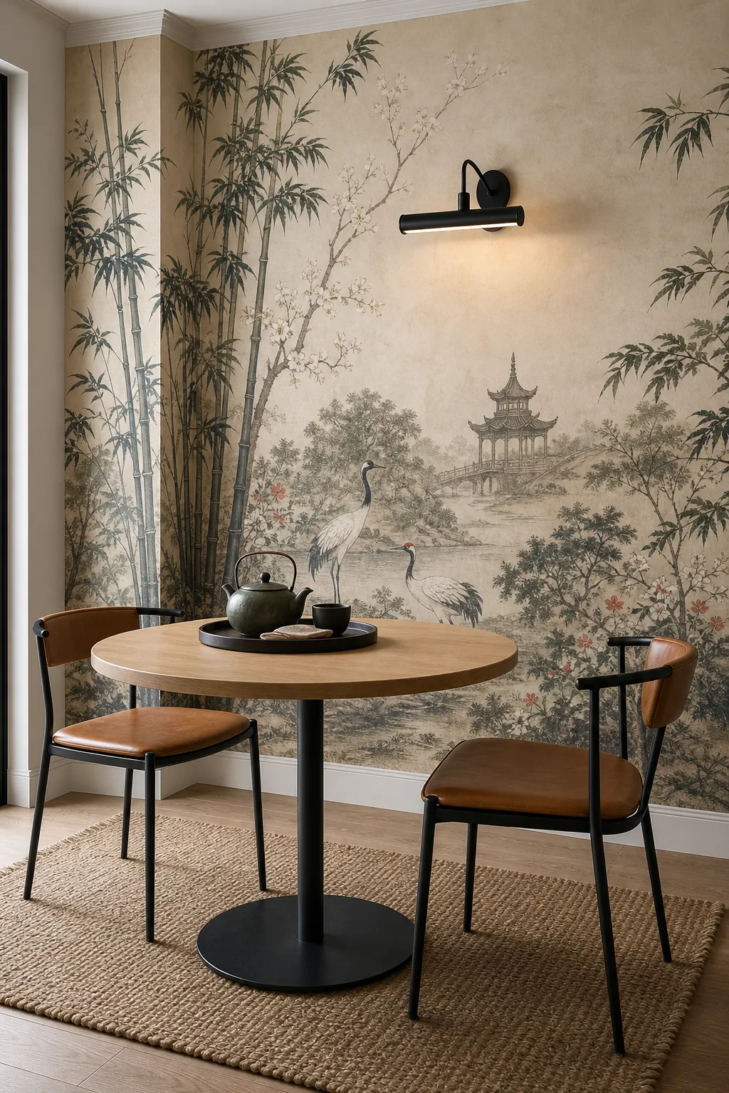 Modern black metal accents bridging a scenic chinoiserie mural and contemporary furniture