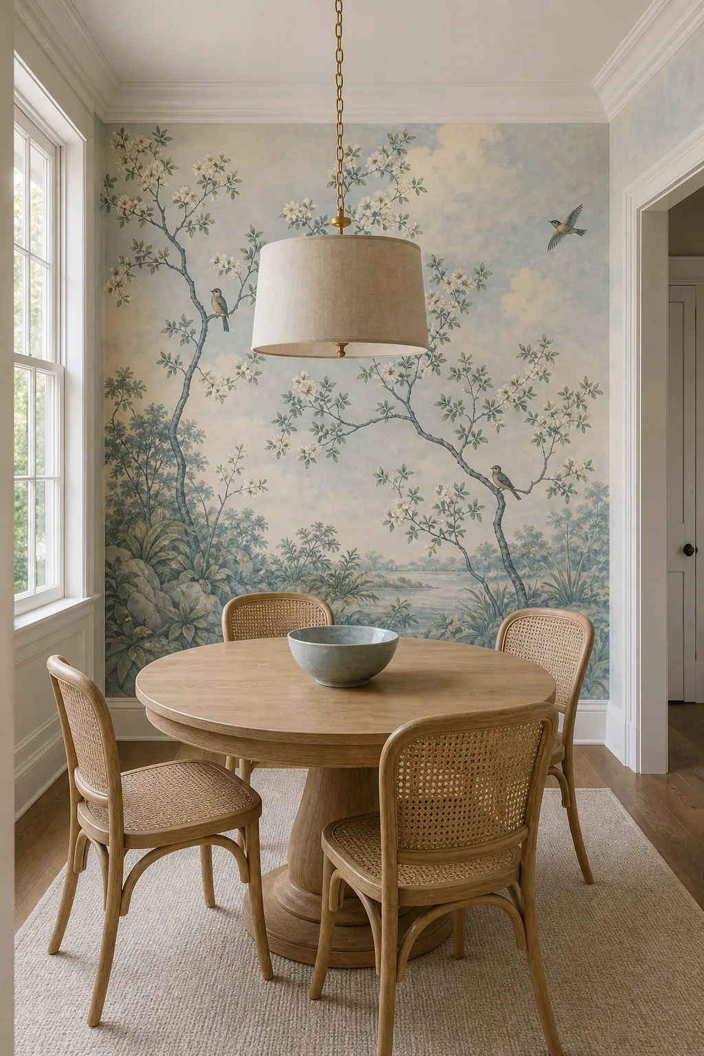 Scenic Chinoiserie wallpaper behind a round dining table with blue garden branches and birds